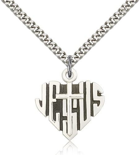 Heart of Jesus and Cross Pendant - Sterling Silver