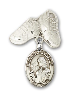 Pin Badge with St. Finnian of Clonard Charm and Baby Boots Pin - Silver tone