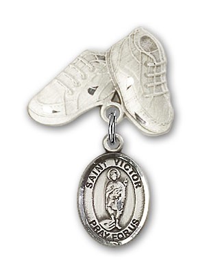 Pin Badge with St. Victor of Marseilles Charm and Baby Boots Pin - Silver tone