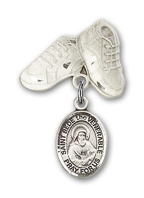 Pin Badge with St. Bede the Venerable Charm and Baby Boots Pin - Silver tone