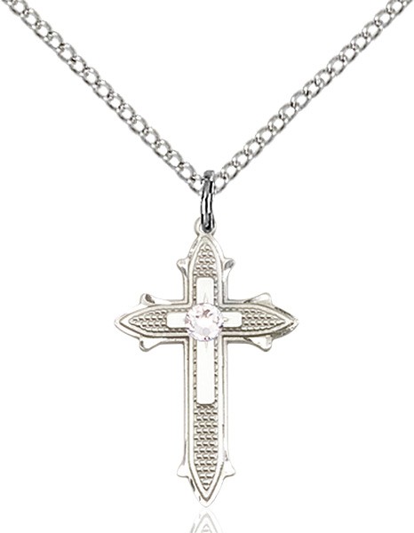 Polished and Textured Cross Pendant with Birthstone Options - Crystal