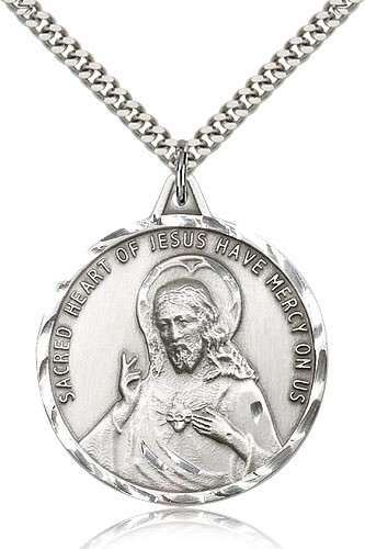 Men's Large Round Scapular Medal with Etched Border - Sterling Silver