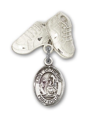 Pin Badge with St. Catherine of Siena Charm and Baby Boots Pin - Silver tone