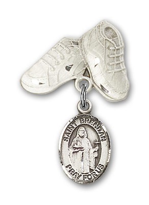 Pin Badge with St. Brendan the Navigator Charm and Baby Boots Pin - Silver tone