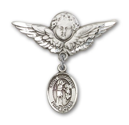 Pin Badge with St. Sebastian Charm and Angel with Larger Wings Badge Pin - Silver tone
