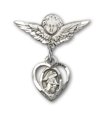 Pin Badge with Guardian Angel Charm and Angel with Smaller Wings Badge Pin - Silver tone