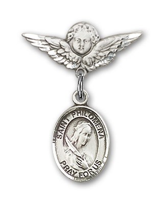 Pin Badge with St. Philomena Charm and Angel with Smaller Wings Badge Pin - Silver tone