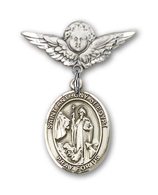 Pin Badge with St. Anthony of Egypt Charm and Angel with Smaller Wings Badge Pin - Silver tone