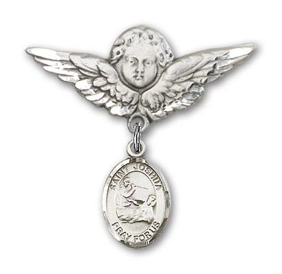 Pin Badge with St. Joshua Charm and Angel with Larger Wings Badge Pin - Silver tone