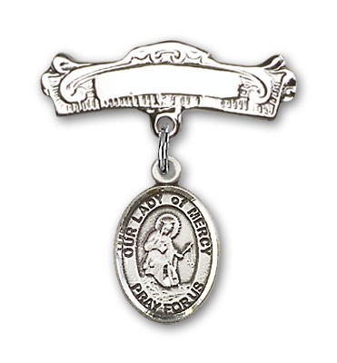 Pin Badge with Our Lady of Mercy Charm and Arched Polished Engravable Badge Pin - Silver tone