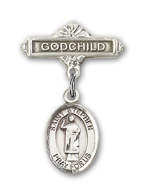 Pin Badge with St. Stephen the Martyr Charm and Godchild Badge Pin - Silver tone
