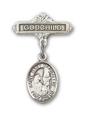 Pin Badge with St. Mary Magdalene Charm and Godchild Badge Pin - Silver tone