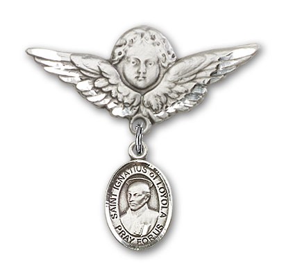 Pin Badge with St. Ignatius Charm and Angel with Larger Wings Badge Pin - Silver tone