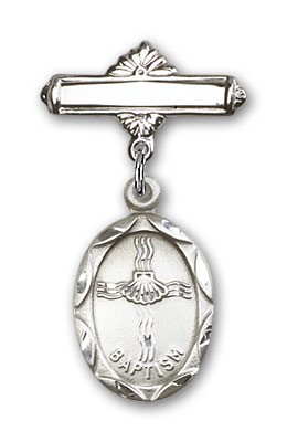 Baby Pin with Baptism Charm and Polished Engravable Badge Pin - Silver tone