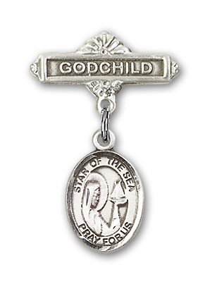 Baby Badge with Our Lady Star of the Sea Charm and Godchild Badge Pin - Silver tone