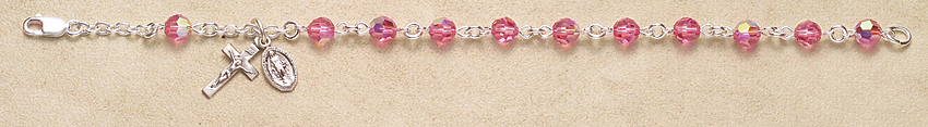 Rosary Bracelet - Sterling Silver with Pink Swarovski Beads - Pink