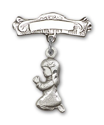 Baby Pin with Praying Girl Charm and Arched Polished Engravable Badge Pin - Silver tone
