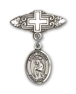 Pin Badge with St. Regina Charm and Badge Pin with Cross - Silver tone