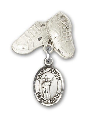 Pin Badge with St. Aidan of Lindesfarne Charm and Baby Boots Pin - Silver tone