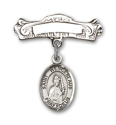 Pin Badge with St. Wenceslaus Charm and Arched Polished Engravable Badge Pin - Silver tone
