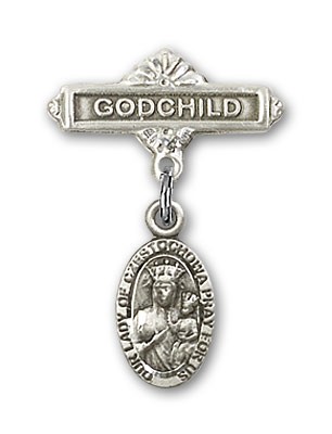 Baby Badge with Our Lady of Czestochowa Charm and Godchild Badge Pin - Silver tone