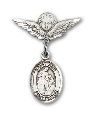 Pin Badge with St. Ann Charm and Angel with Smaller Wings Badge Pin - Silver tone