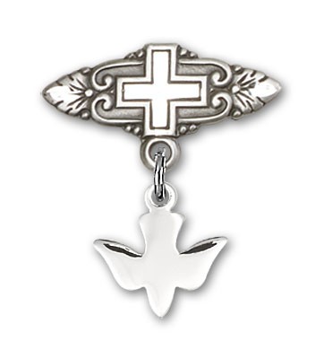 Pin with Holy Spirit Charm and Badge Pin with Cross - Silver tone