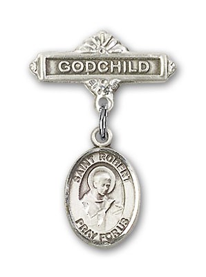 Pin Badge with St. Robert Bellarmine Charm and Godchild Badge Pin - Silver tone
