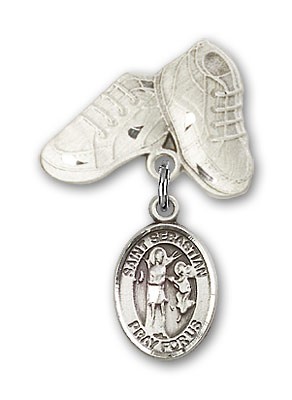 Pin Badge with St. Sebastian Charm and Baby Boots Pin - Silver tone