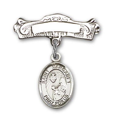 Pin Badge with St. Margaret Mary Alacoque Charm and Arched Polished Engravable Badge Pin - Silver tone