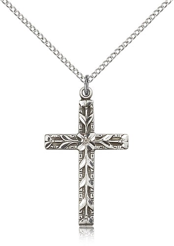 Modern Floral Accent Cross Necklace - Sterling Silver