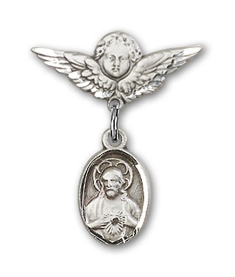 Baby Pin with Scapular Charm and Angel with Smaller Wings Badge Pin - Silver tone