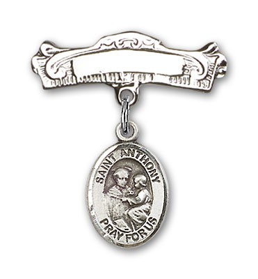 Pin Badge with St. Anthony of Padua Charm and Arched Polished Engravable Badge Pin - Silver tone