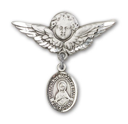 Pin Badge with Immaculate Heart of Mary Charm and Angel with Larger Wings Badge Pin - Silver tone