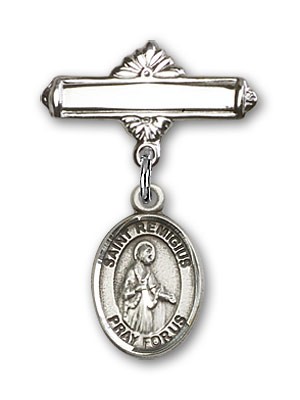 Pin Badge with St. Remigius of Reims Charm and Polished Engravable Badge Pin - Silver tone
