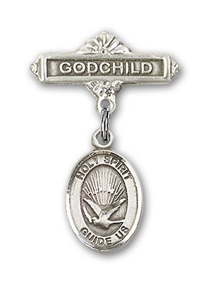 Baby Badge with Holy Spirit Charm and Godchild Badge Pin - Silver tone