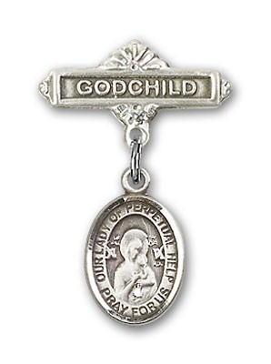 Baby Badge with Our Lady of Perpetual Help Charm and Godchild Badge Pin - Silver tone