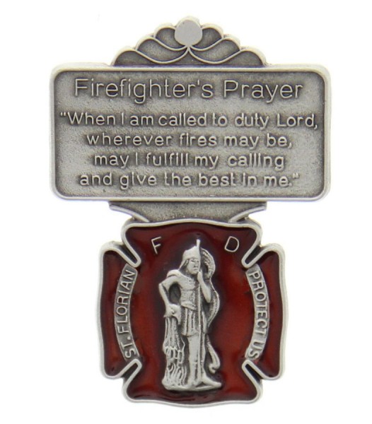 St. Florian Firefighter Prayer Visor Clip, Red Enamel, Pewter - 2 1/8&quot;H - Silver | Red
