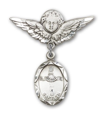 Baby Pin with Baptism Charm and Angel with Larger Wings Badge Pin - Silver tone