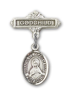 Baby Badge with Immaculate Heart of Mary Charm and Godchild Badge Pin - Silver tone