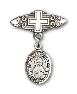 Pin Badge with Immaculate Heart of Mary Charm and Badge Pin with Cross - Silver tone