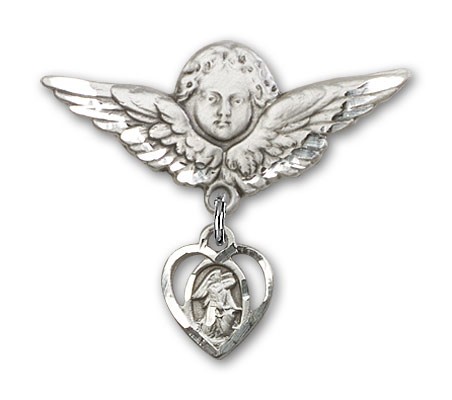 Pin Badge with Guardian Angel Charm and Angel with Larger Wings Badge Pin - Silver tone