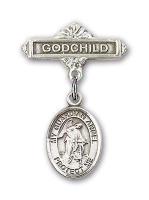 Baby Badge with Guardian Angel Charm and Godchild Badge Pin - Silver tone
