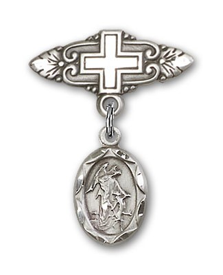 Baby Pin with Guardian Angel Charm and Badge Pin with Cross - Silver tone