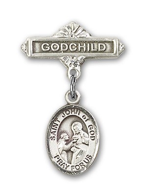 Pin Badge with St. John of God Charm and Godchild Badge Pin - Silver tone