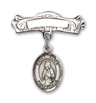Pin Badge with St. Alice Charm and Arched Polished Engravable Badge Pin - Silver tone