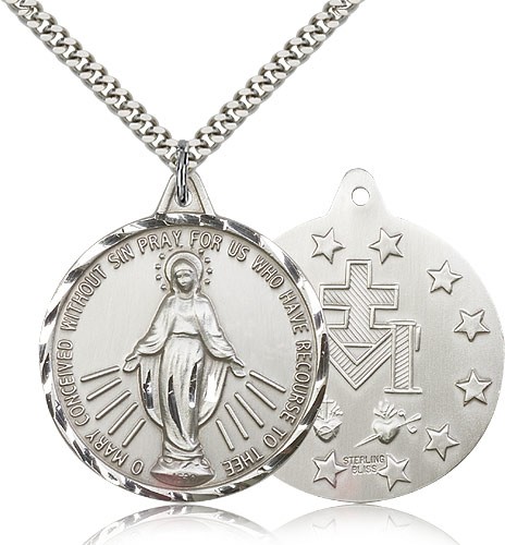 Men's Large Round Miraculous Medal Necklace - Sterling Silver