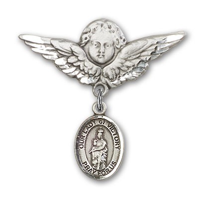 Pin Badge with Our Lady of Victory Charm and Angel with Larger Wings Badge Pin - Silver tone