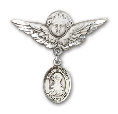 Pin Badge with St. Bridget of Sweden Charm and Angel with Larger Wings Badge Pin - Silver tone