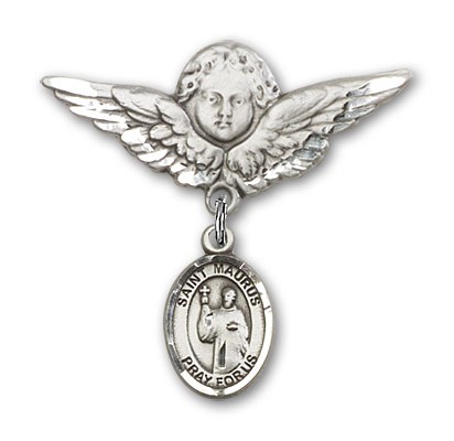 Pin Badge with St. Maurus Charm and Angel with Larger Wings Badge Pin - Silver tone